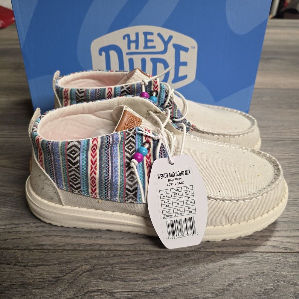 Hey Dude Wendy Mid Boho Mix Baja Cream Canvas Loafers Slip On Women's US W6 NWT